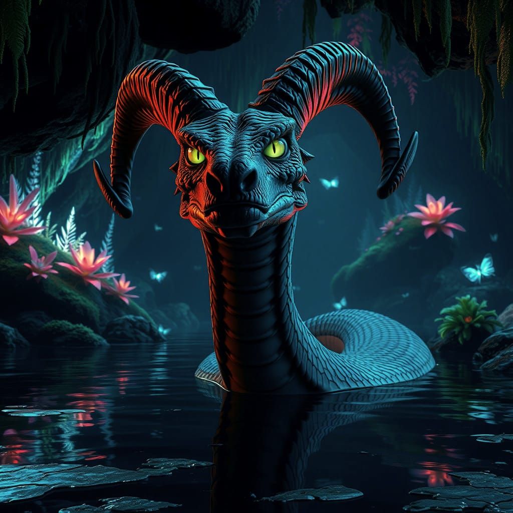 Ram-Horned Serpent Emerges in Bioluminescent Cave