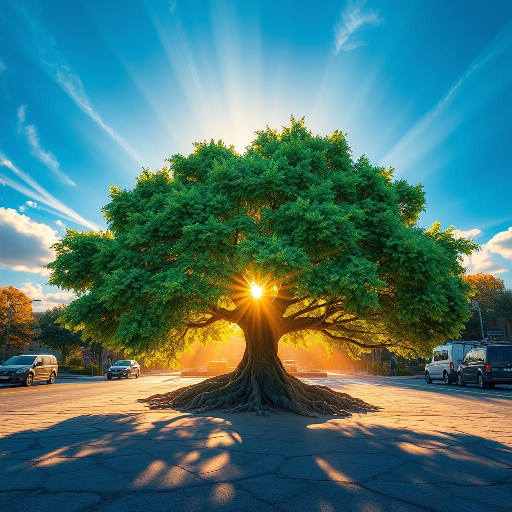 Majestic Elm Tree Radiates Resilience in Vibrant, Electric B...