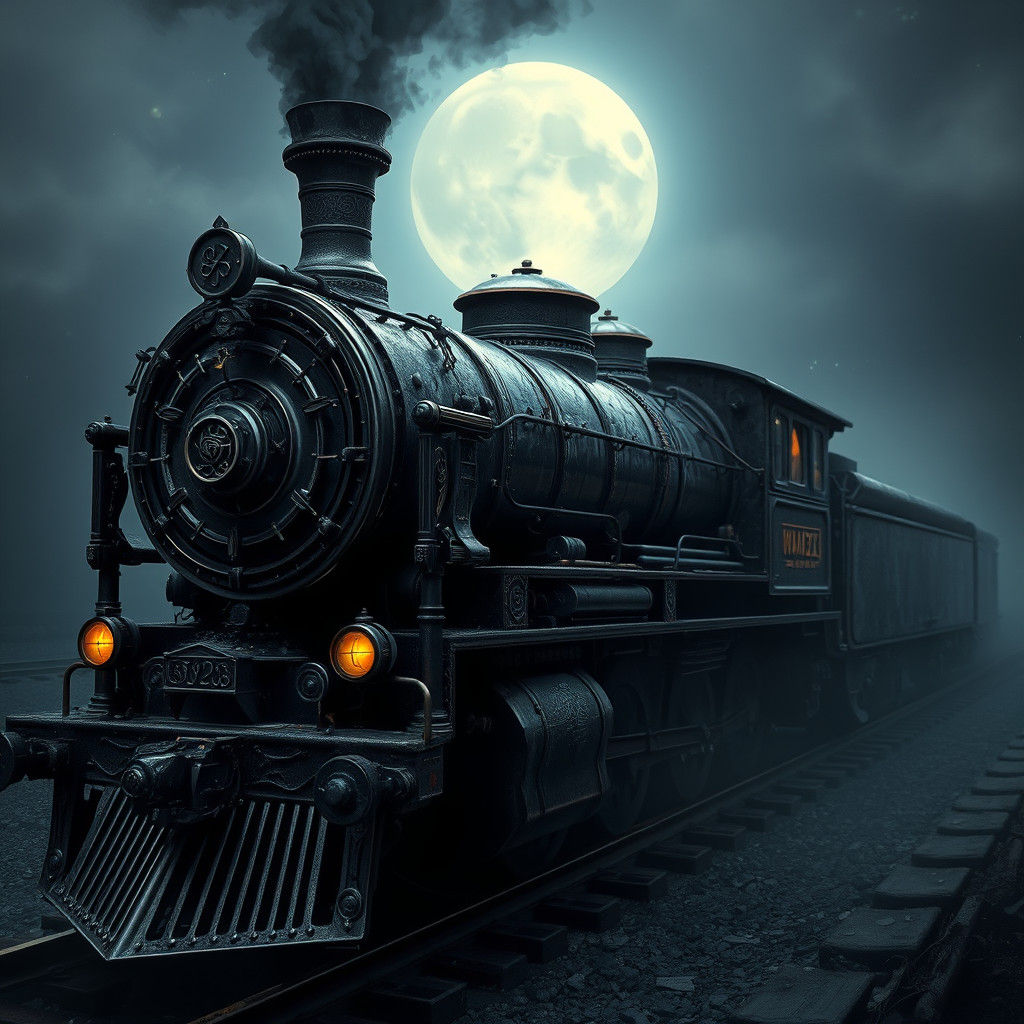 Mystical Black Train in Dimly Lit Realm