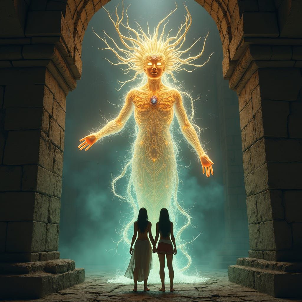 Surrealist Spirit Guide Emerges from Temple Wall in Dreamlik...