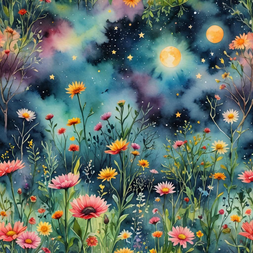 Surreal Gnomes Manipulate Stars in Watercolor Cosmos