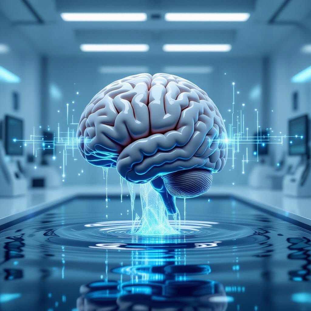 Hyperrealistic Brain Sculpture in Liquid Mercury