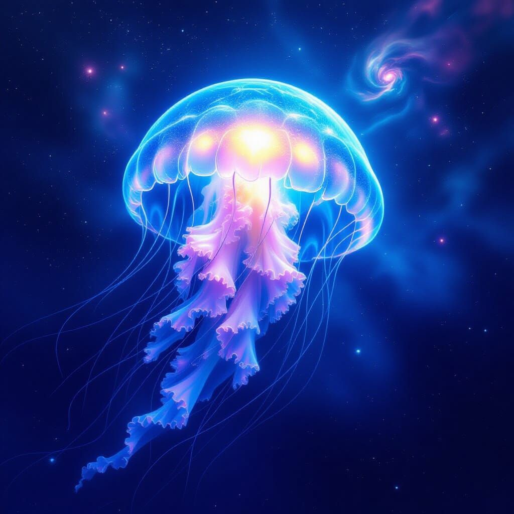 Bioluminescent Jellyfish in Cosmic Ocean Digital Painting