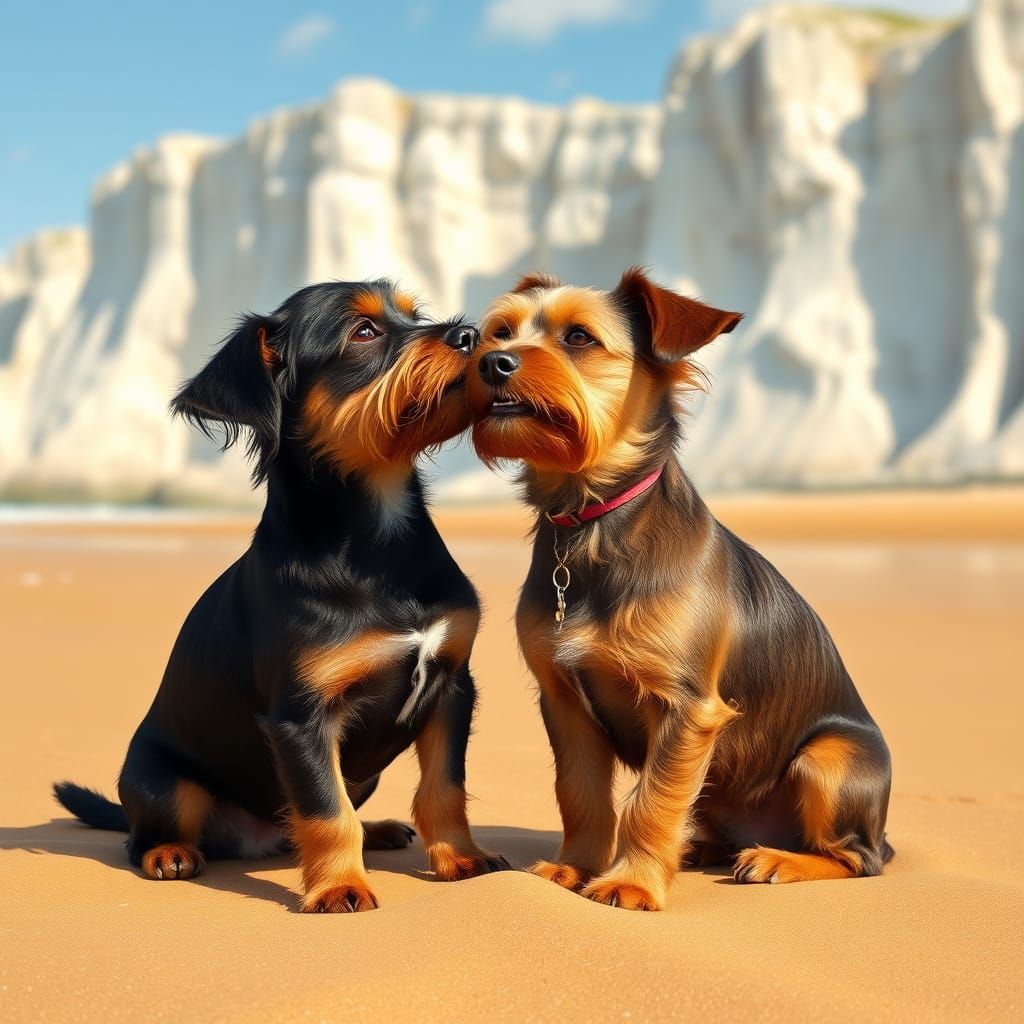 Two Adorable Teckel Dogs Share a Kiss on a Sun-Kissed Beach