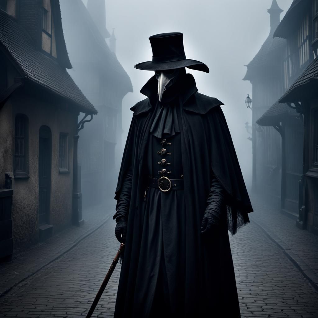 Grim Plague Doctor in Eerie Medieval Street