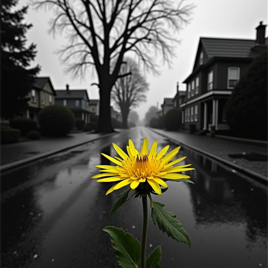 Monochrome City Street with Yellow Dandelion