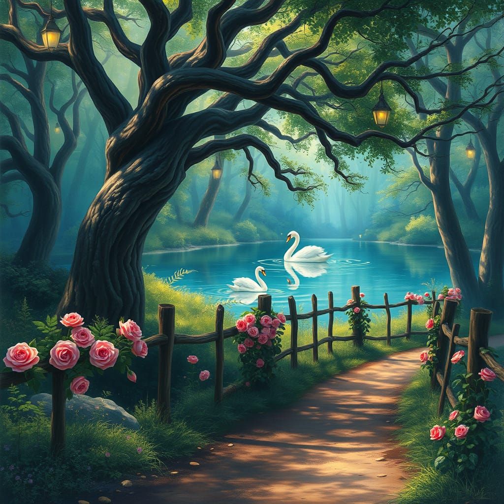 Whimsical Forest Glade with Majestic Trees and Regal Swans