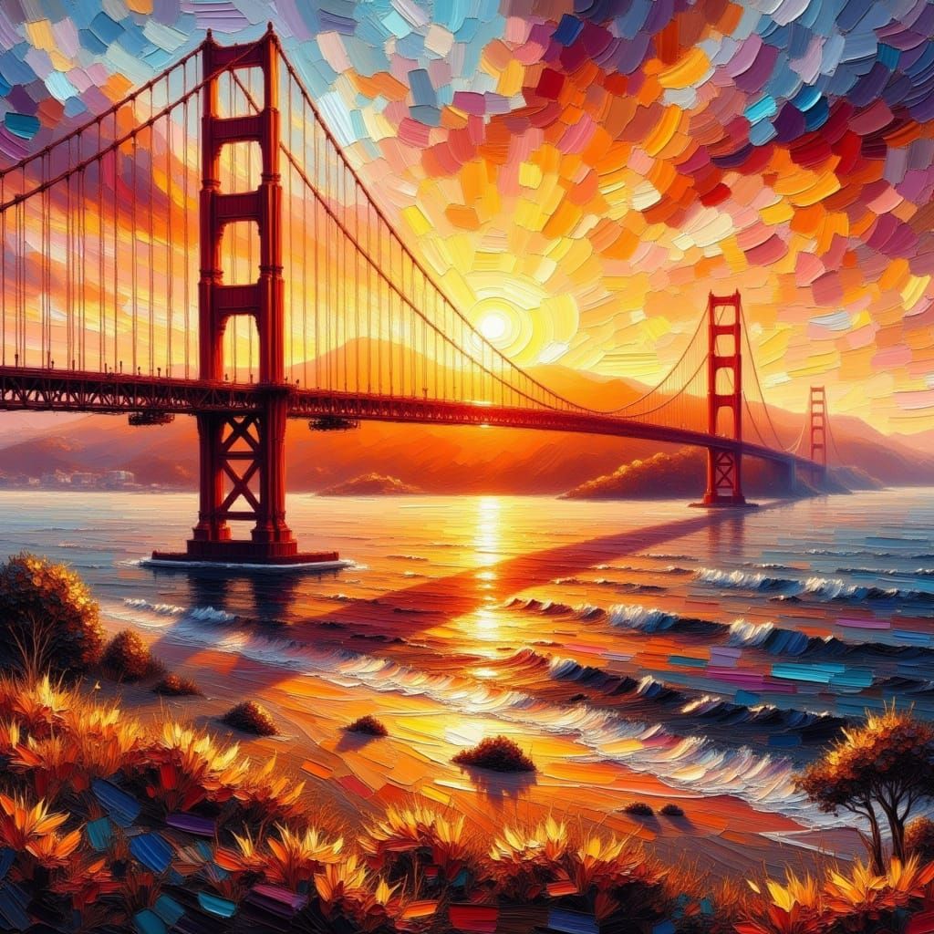 Golden Gate Bridge at Sunset in Impasto Style