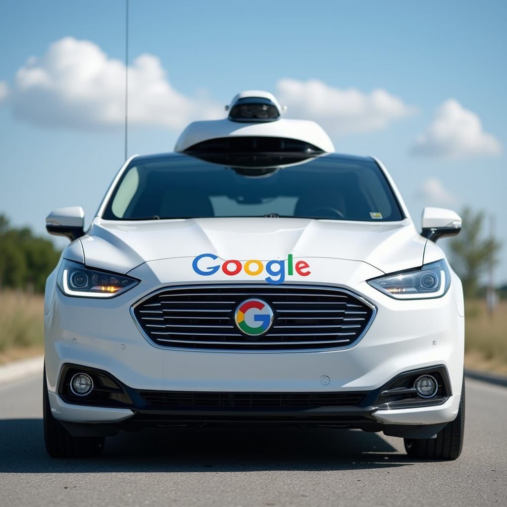 Futuristic Self-Driving Google Vehicle in Bright Blue Skies