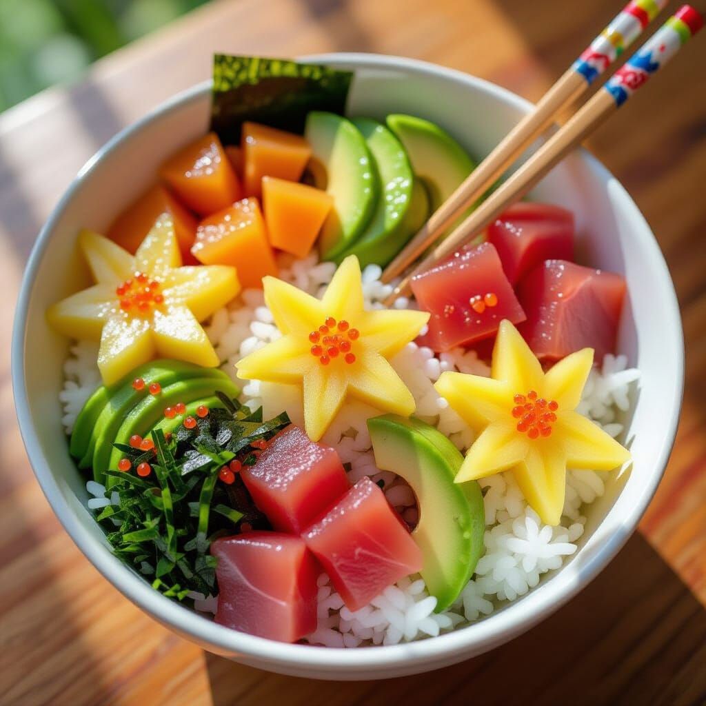 Kaleidoscopic Poke Bowl Art in Tropical Sunlight
