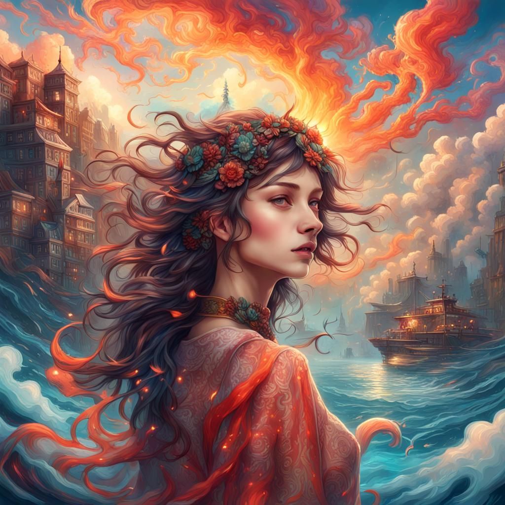 Surreal Postcard Scene with Detailed Girl, Digital Art