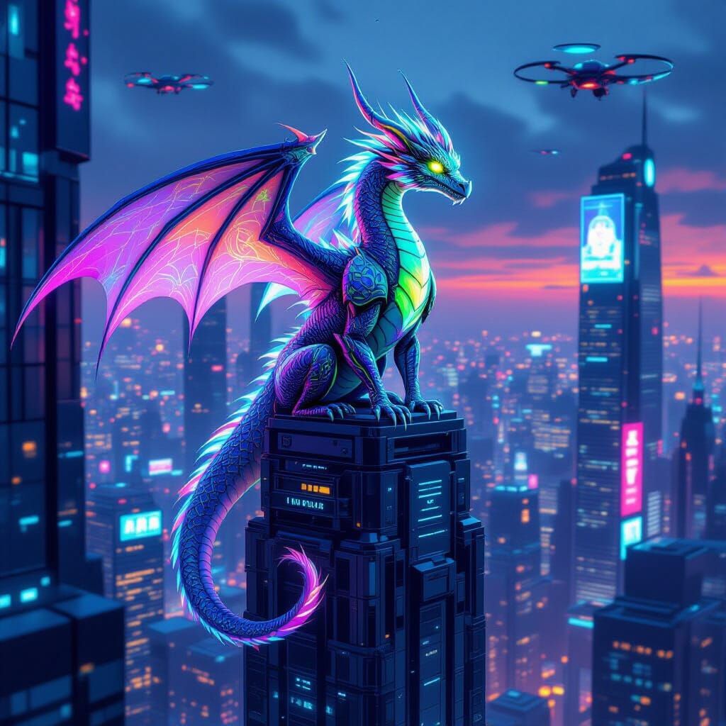 Bioluminescent Dragon Perched Atop Futuristic Skyscraper