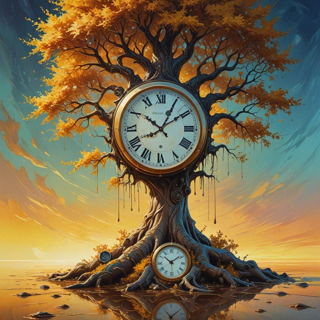 Surrealistic Masterpiece: Clock and Tree Converge in Dreamli...