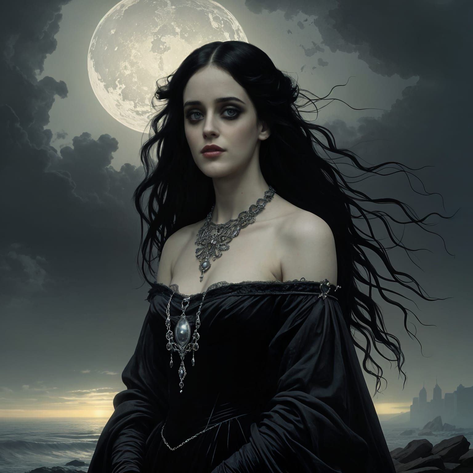 A stunningly beautiful Goth woman with pale skin, dark, smok...