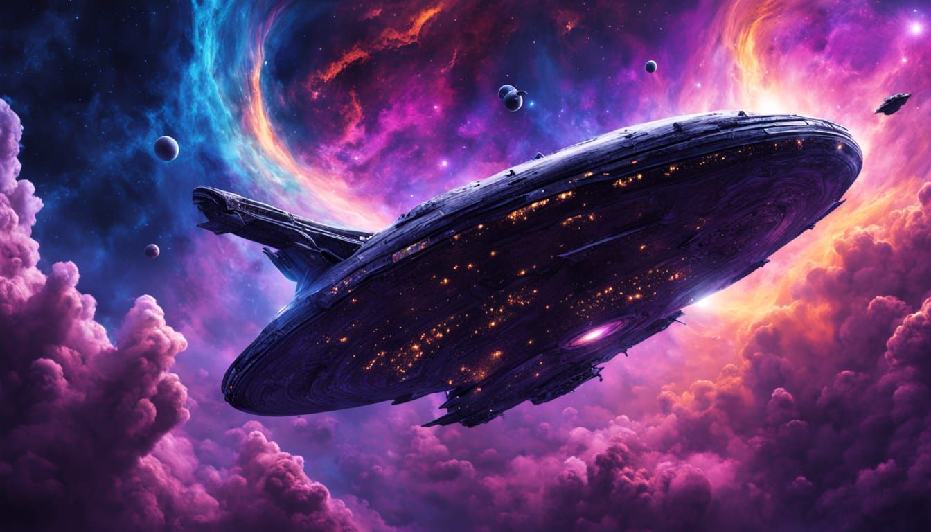 Starship Gliding Through Vivid Nebula