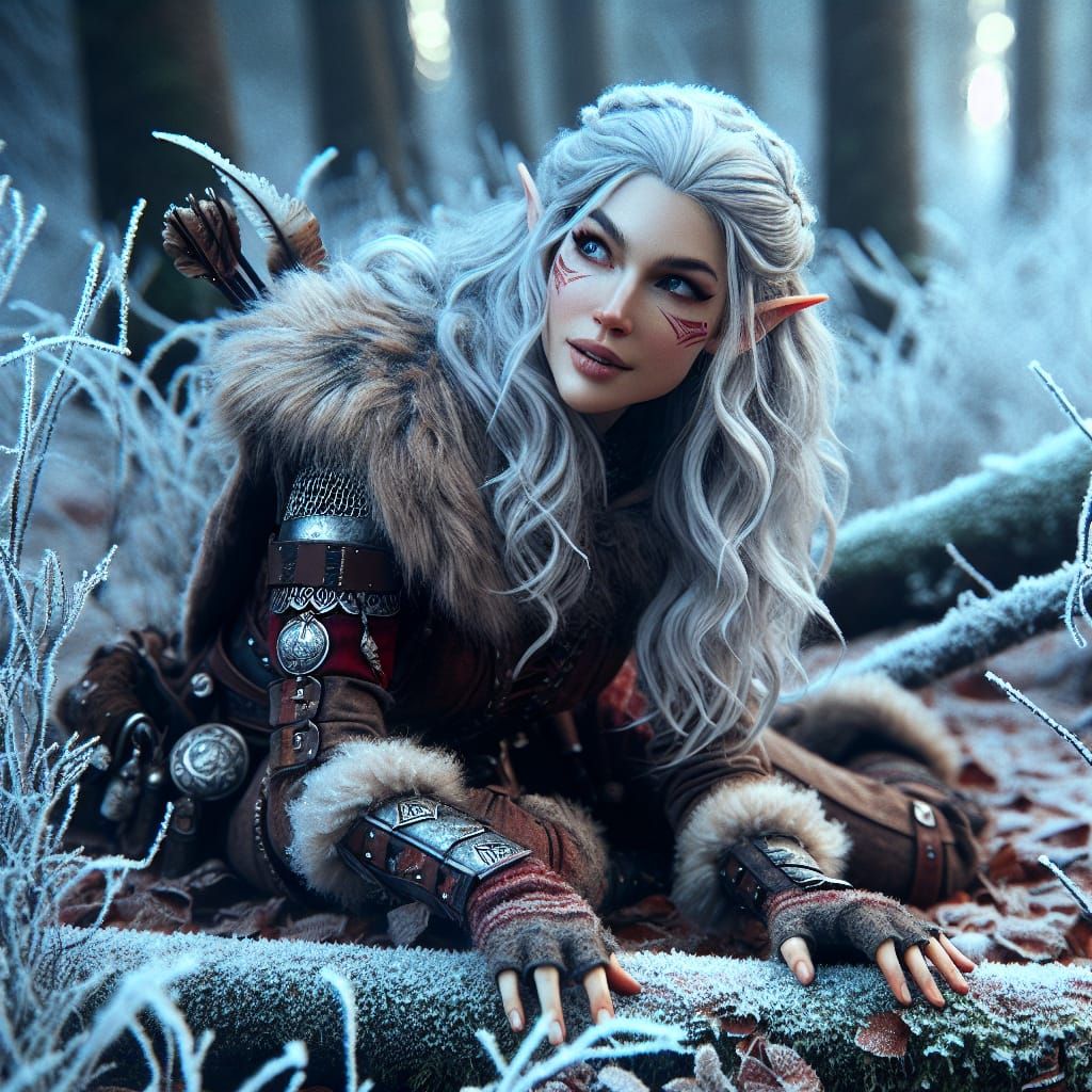 Elegant Elven Scout Discovers Tranquil Moment in Frosty Fore...