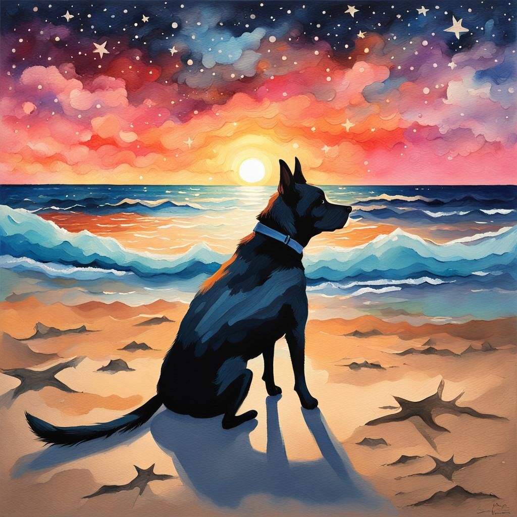 Dog Watches Sunset on Beach in Gouache Style