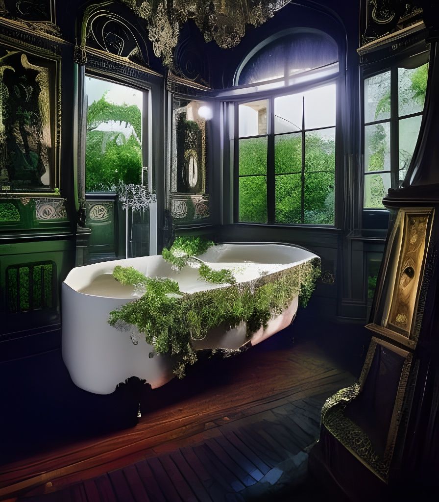 Mysterious Gothic Bathroom with Plants and Bathtub