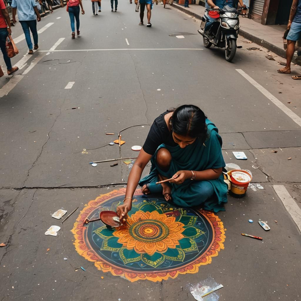 Indian Woman Paints Mandala on Busy Street