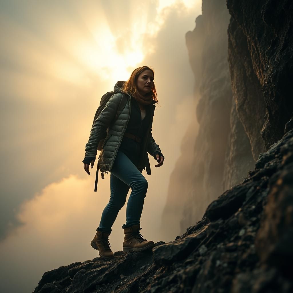 Woman Ascending Cliff at Dawn in Cinematic Style