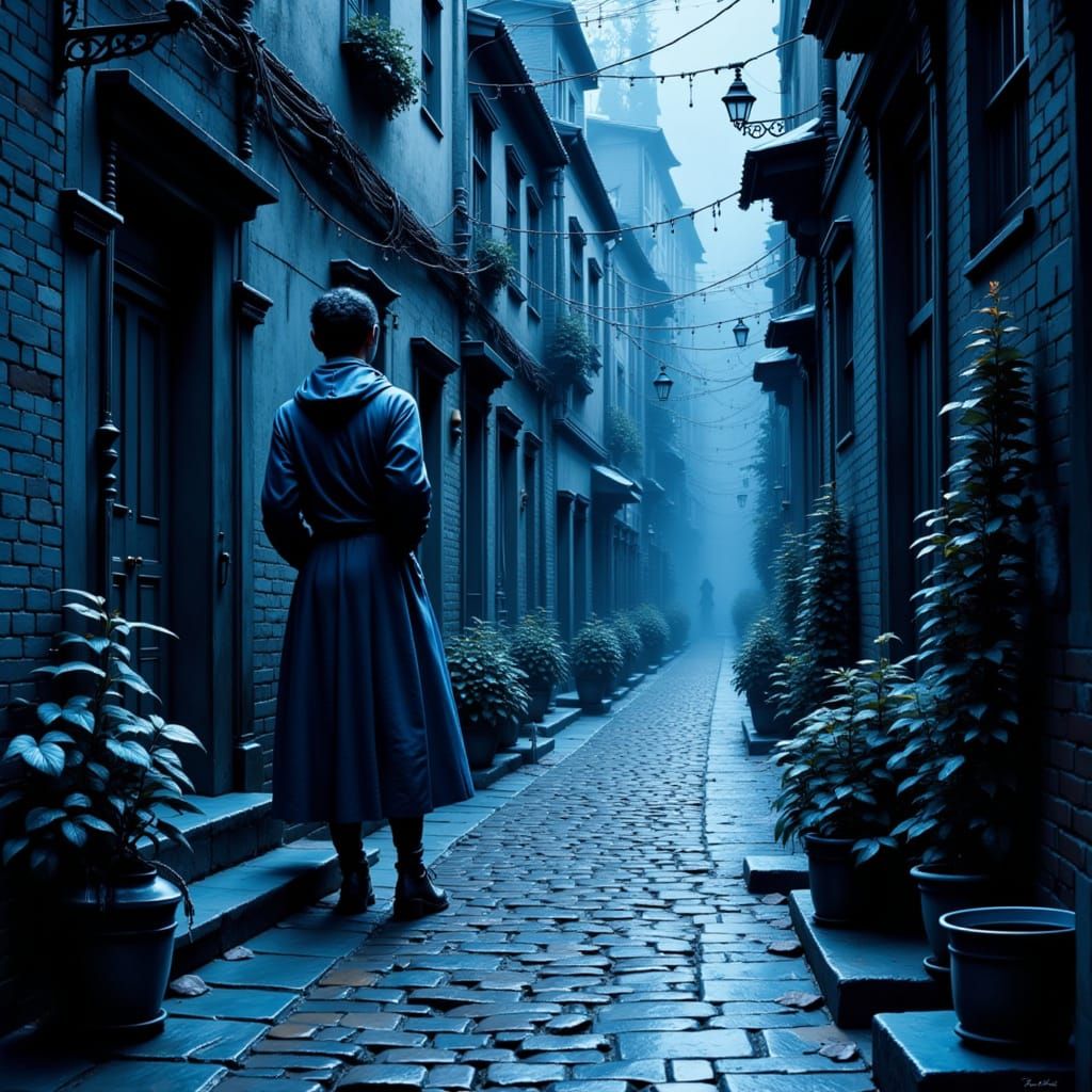 Monochromatic Blue Cobblestone Street in Wet Watercolor