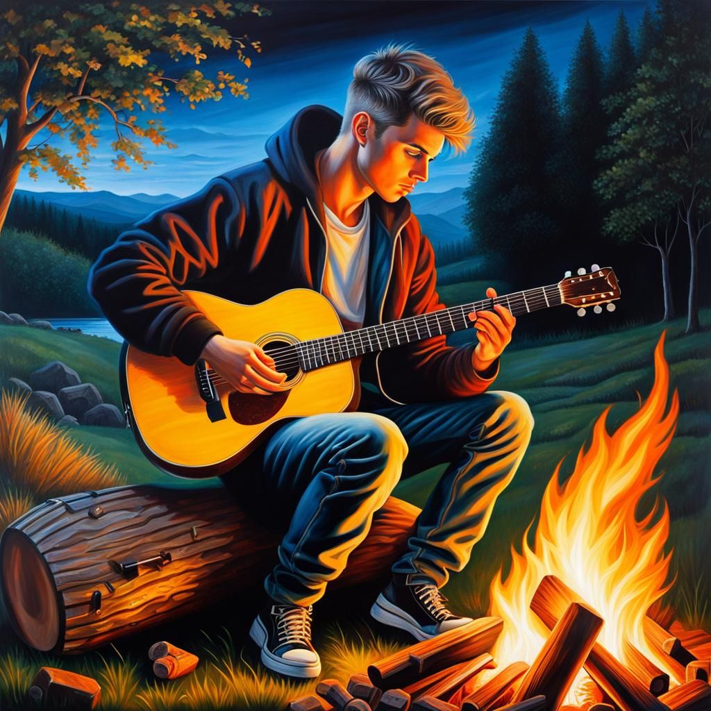 Realistic Portrait of a Young Man Playing Guitar