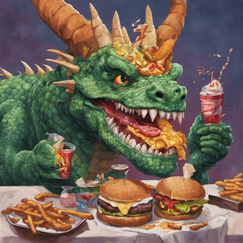 Dragon Celebrates with Burgers and Party Hat