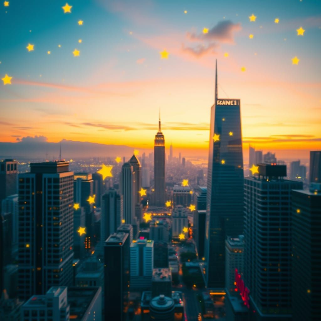 Utopian Cityscape with Bursting Stars, Bokeh Effect