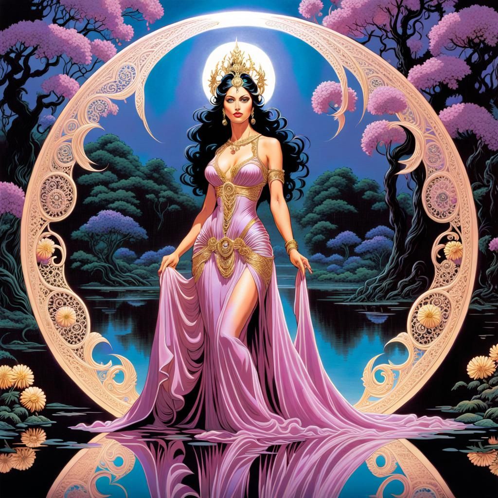 Bioluminescent Moon Goddess in Mirrored Reflection