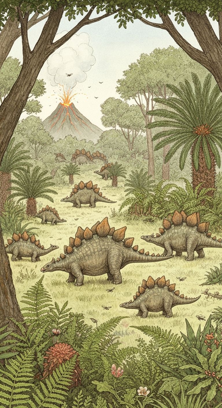 Stegosaurus Family in Jurassic Forest, Watercolor Illustrati...