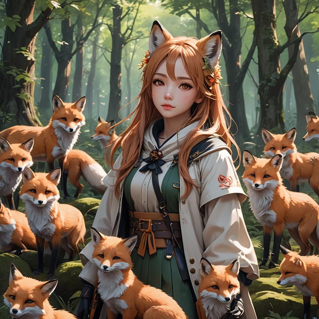 Girl with Foxes in Anime Style