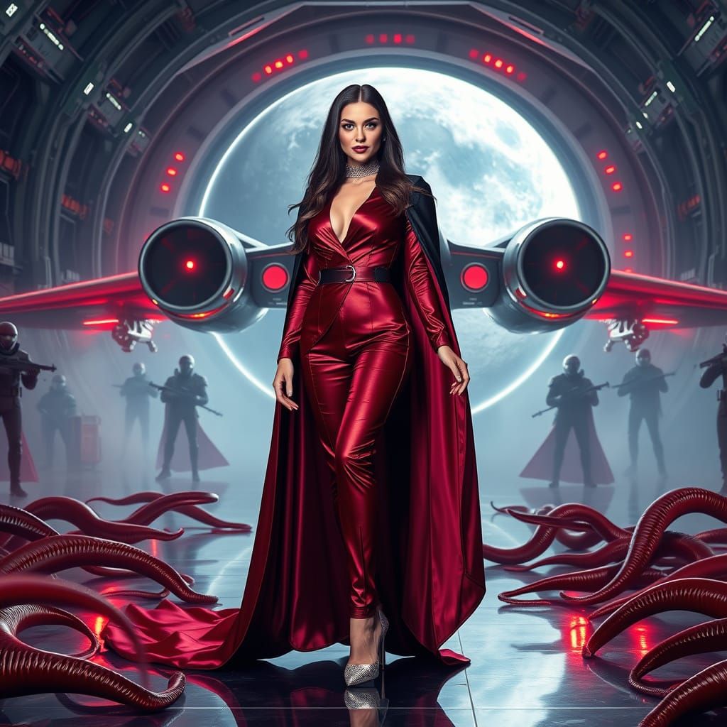 Elegant Evil Norwegian Femme Fatale in Space Bomber Hangar