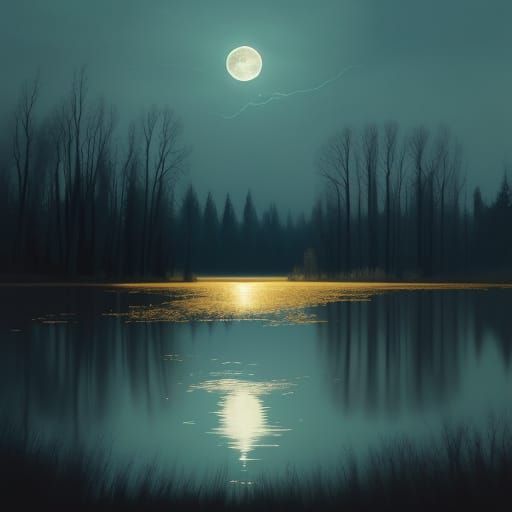 Surrealistic Moonlit Lake in Salvador Dali-Inspired Oil Pain...
