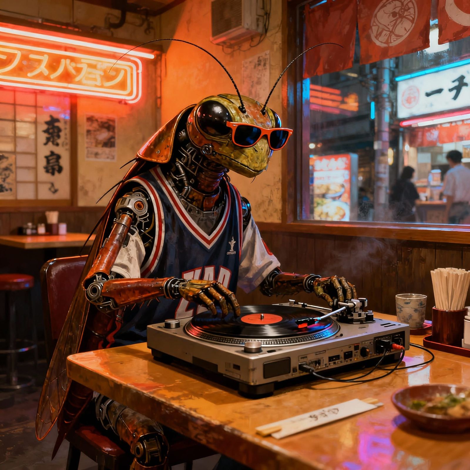 Humanoid Roach DJ in Japanese Cafe, Hyperrealistic Style