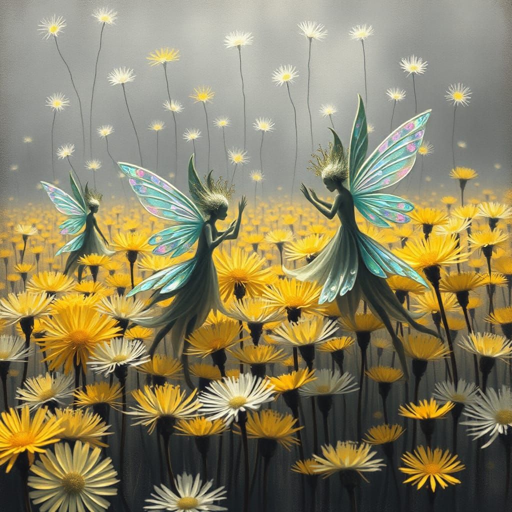 Fairies Making Wishes in Dandelion Dreamscape