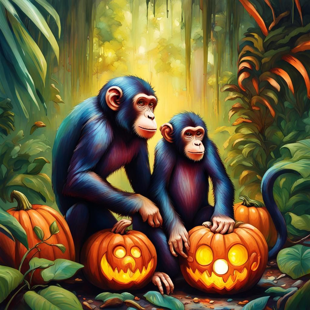 Monkey Family Carving Pumpkins in Jungle, Hyperrealistic Art