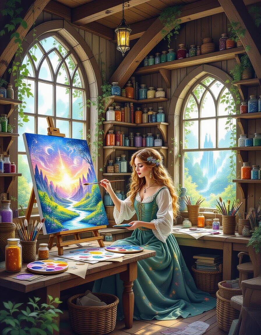 Fantasy Artist Dreamweaver in Studio, Magical Artworks