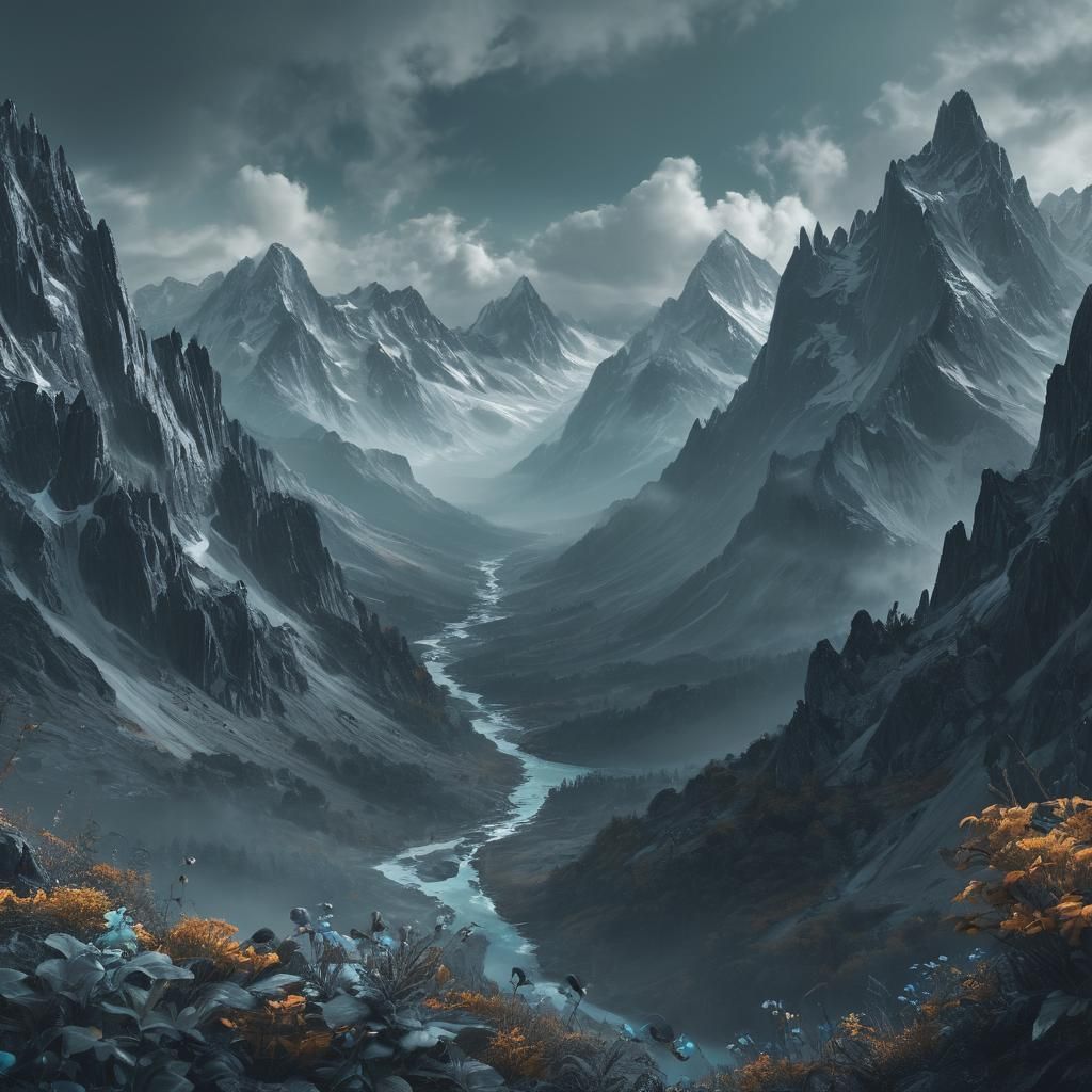 Serene Grayscale Mountain Range in Digital Matte Painting