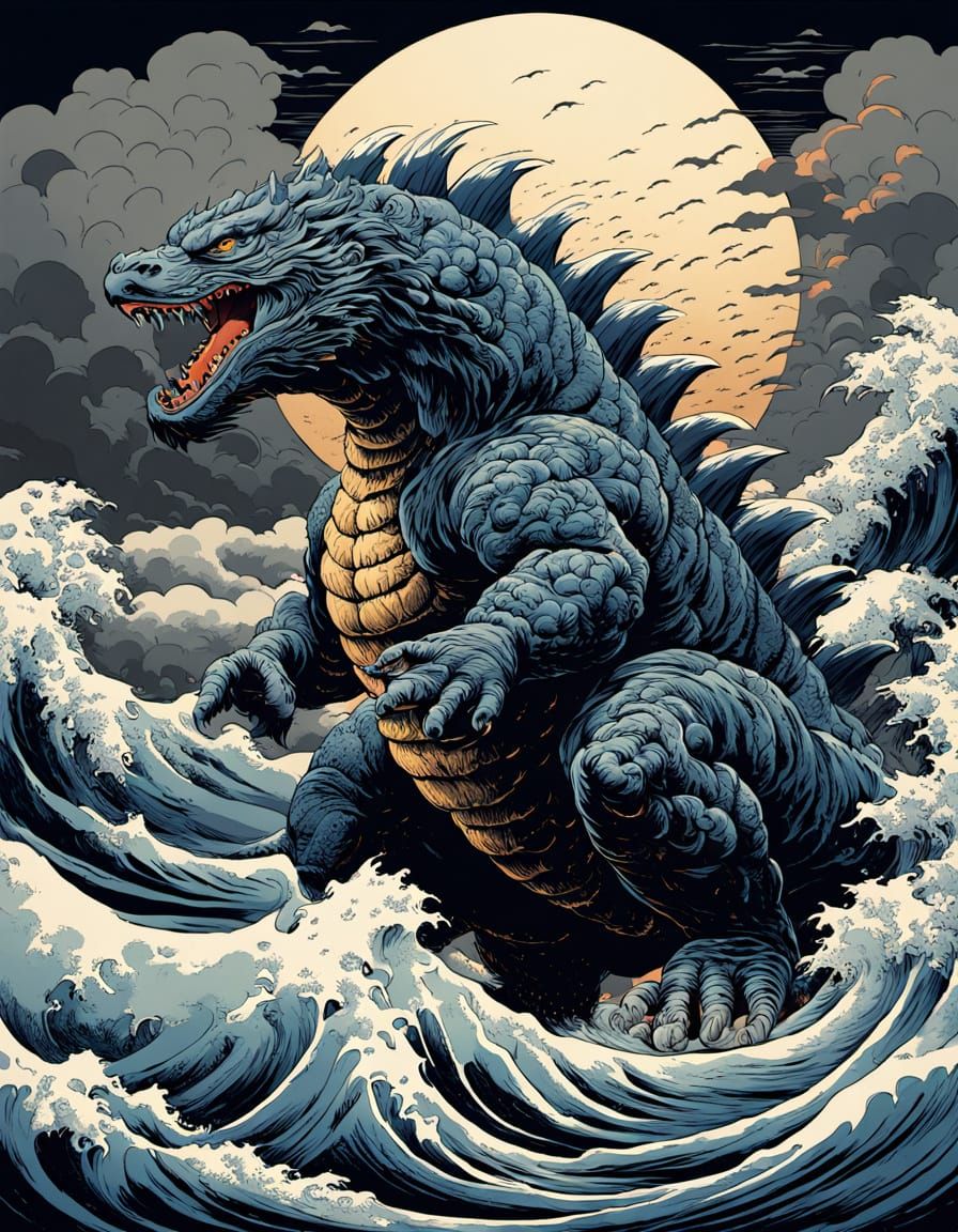 Godzilla Rises from the Stormy Sea in Vibrant Ukiyo-e Style