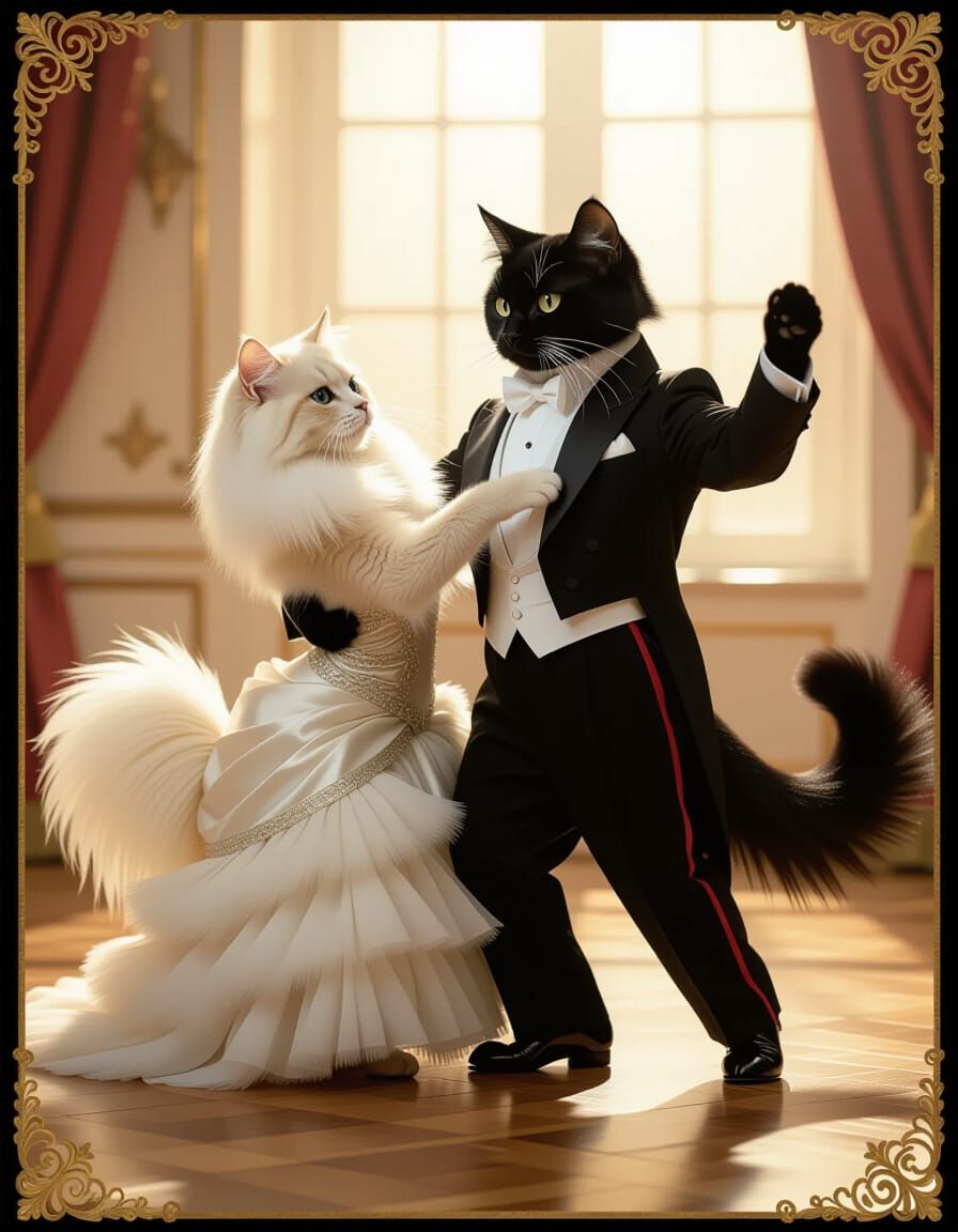 Anthropomorphic Cats Ballroom Dancing in Cinematic Style
