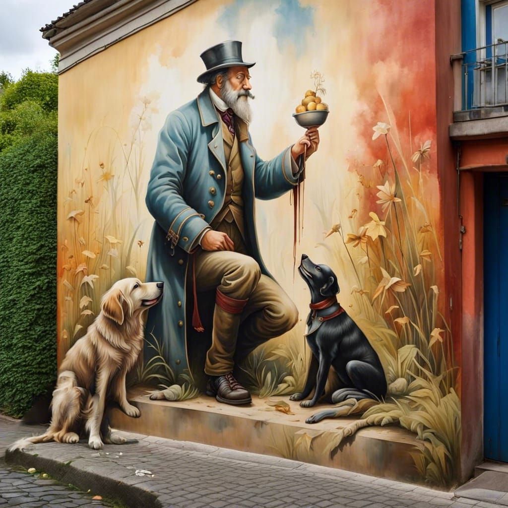 Dog Gazing Upward: Watercolour Street Scene