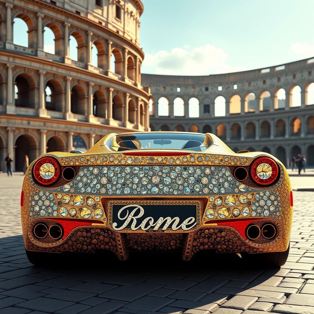 Luxury Ferrari Roma in Gold and Diamonds, Parked in Rome's I...