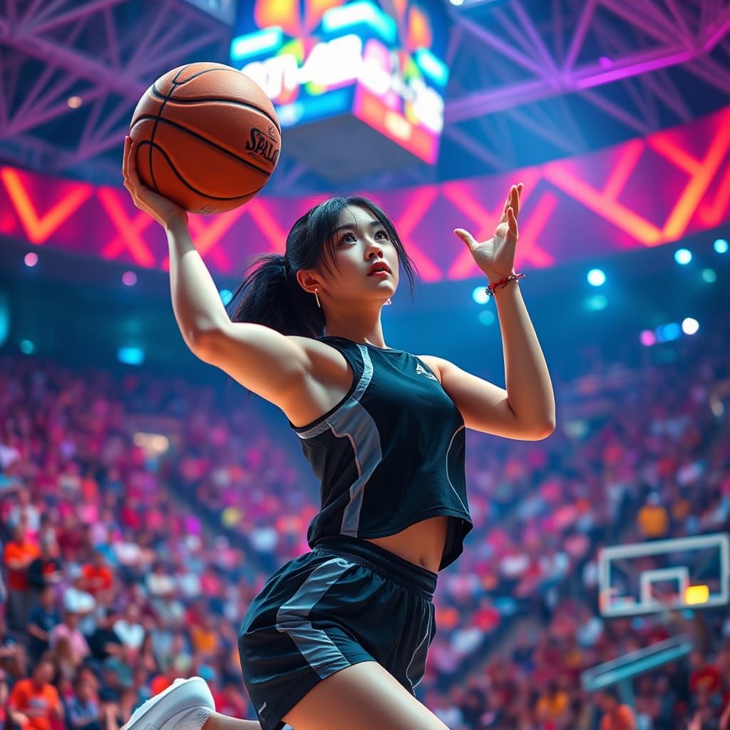 Asian Woman Basketball Player in Futuristic Stadium