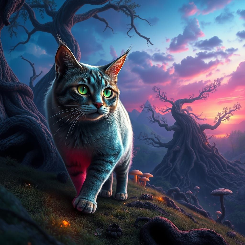 Majestic Cat Strolls Through Ancient Forest in Vibrant, Grad...
