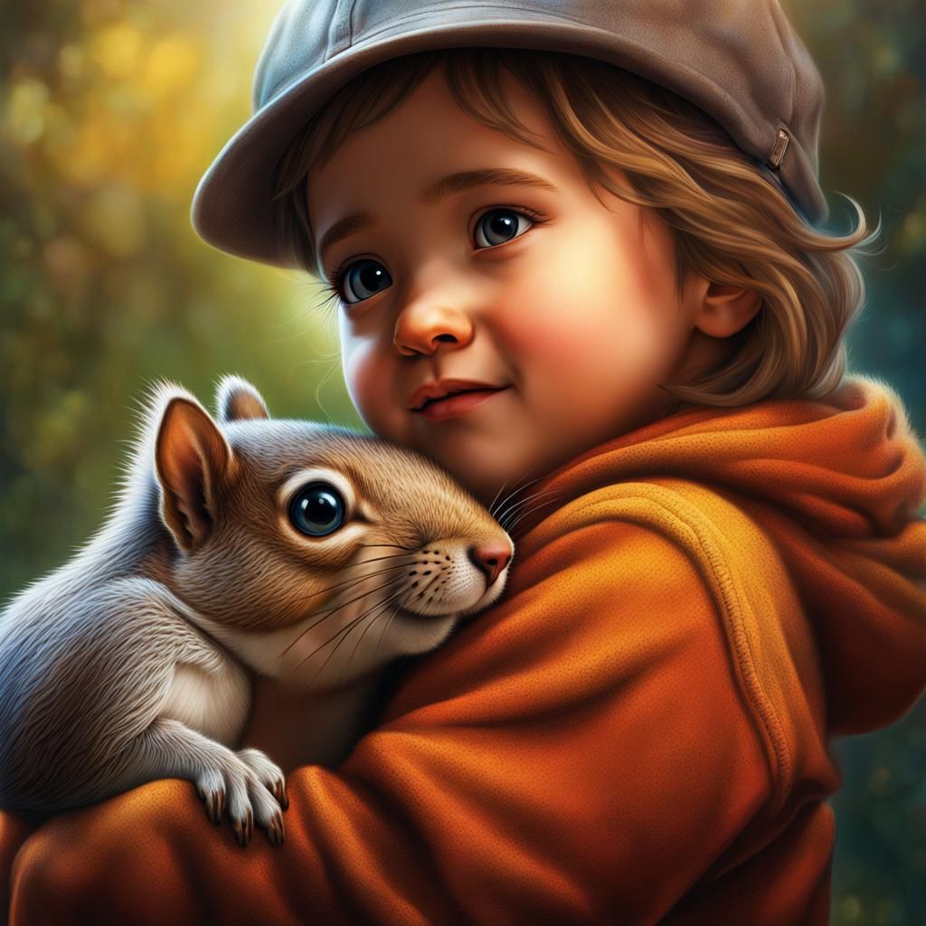 Child Hugging Squirrel: Hyperrealistic Splash Art