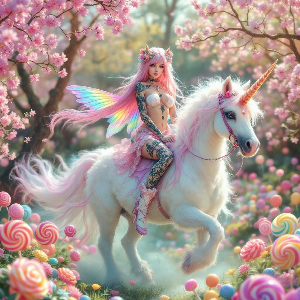 Gothic Fairy on Rainbow Unicorn in Kawaii Forest
