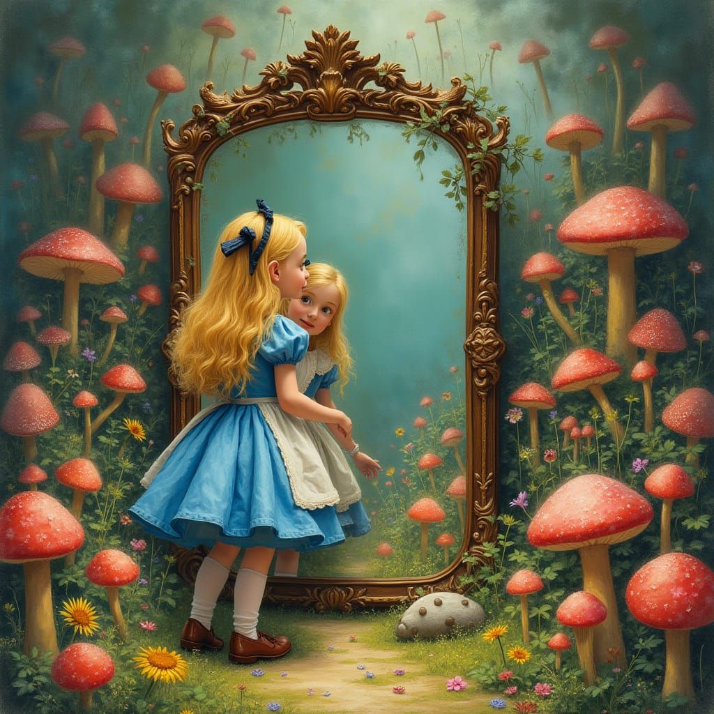 Whimsical Alice Enters Wonderland Through an Antique Mirror