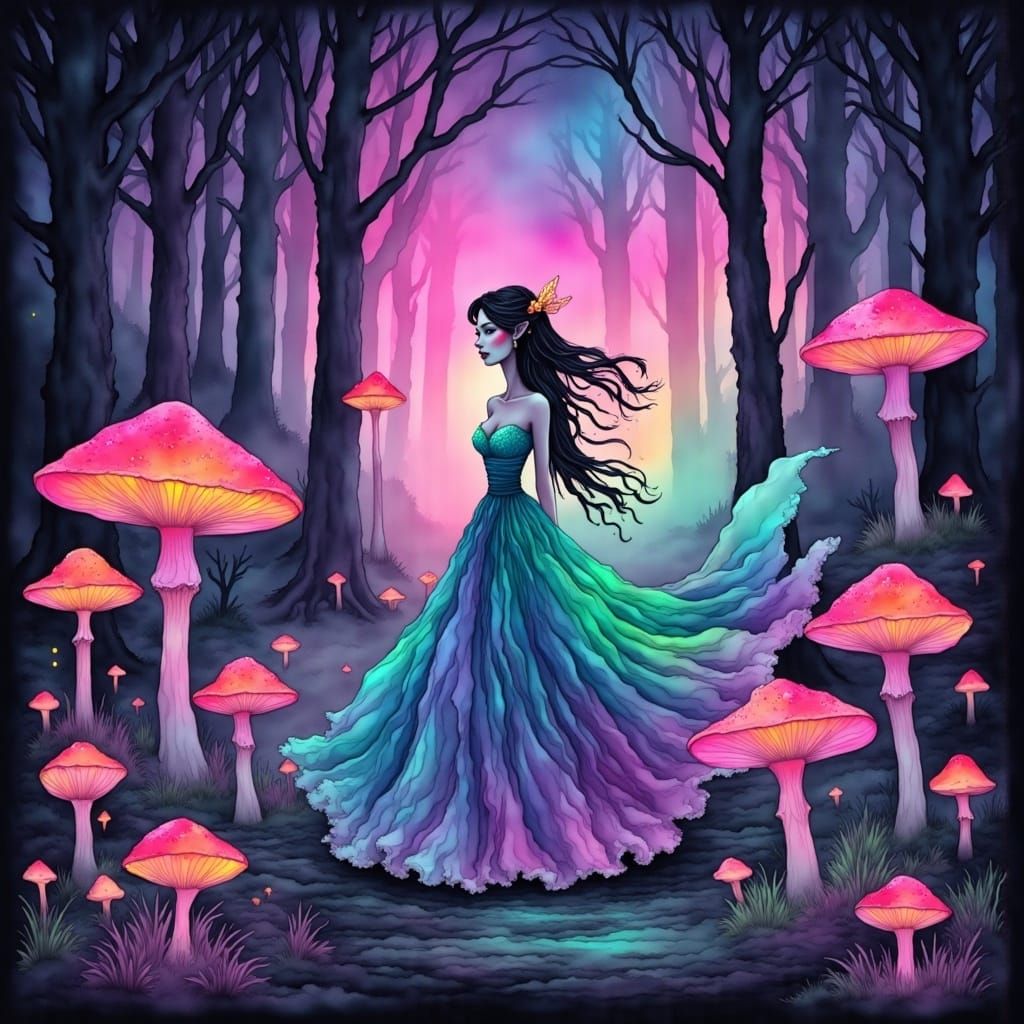 Neon Fairy Elf in Enchanted Forest