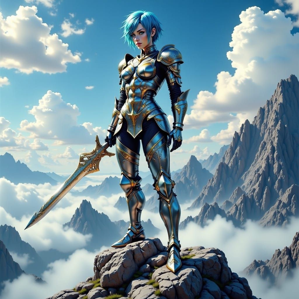 Female Knight with Glowing Sword in Digital Art Style