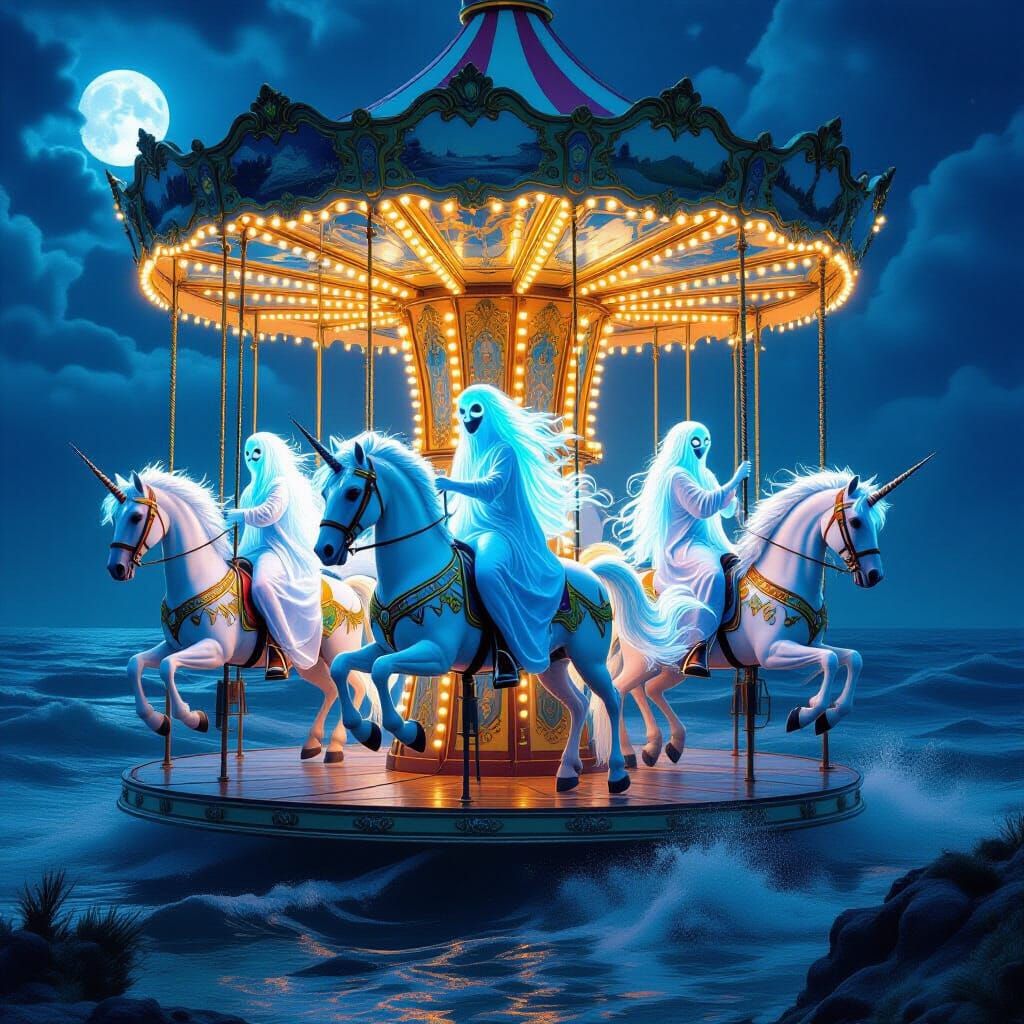 Ethereal Ghosts Ride Unicorns on Vintage Carousel